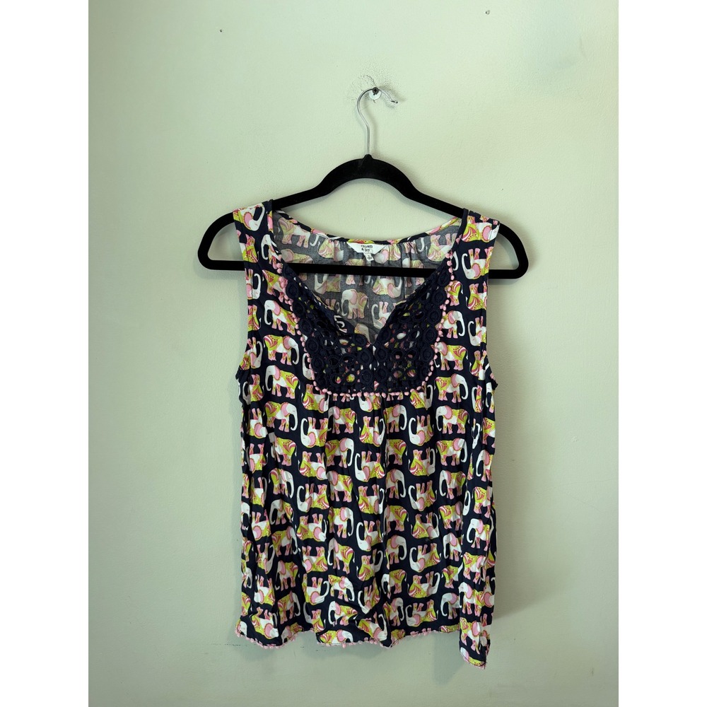 Crown & Ivy Womens Navy Pink Elephant Print Crochet Lace Pom Pom Trim Tank Top S